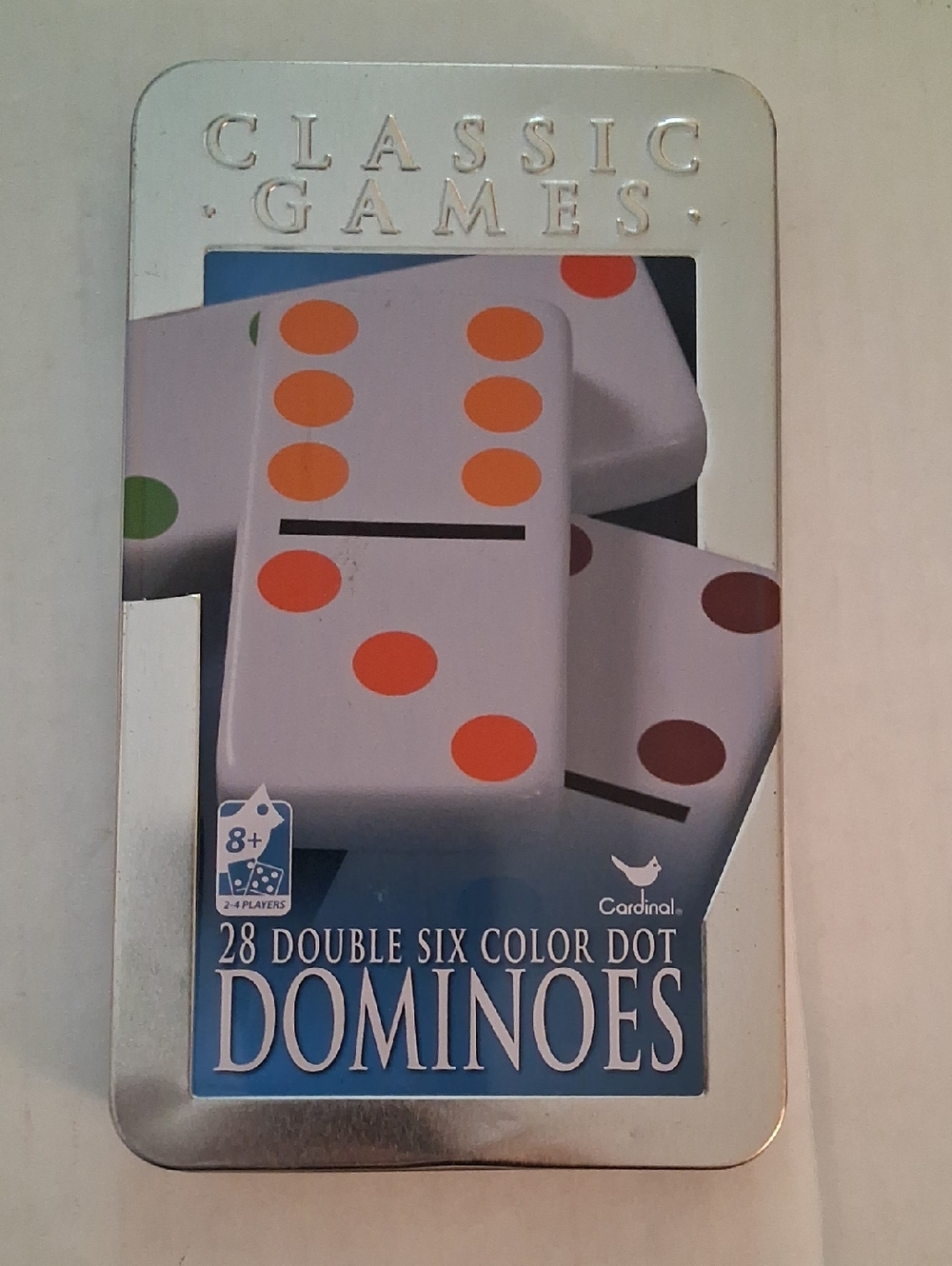 Classic Games 28 Double Six Color Dot Dominoes - Silver Tin